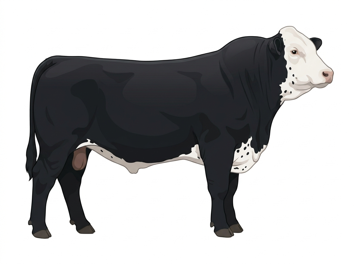Black with a full white face, white brisket and underline and ticking in the white Purebred Simmental Bull