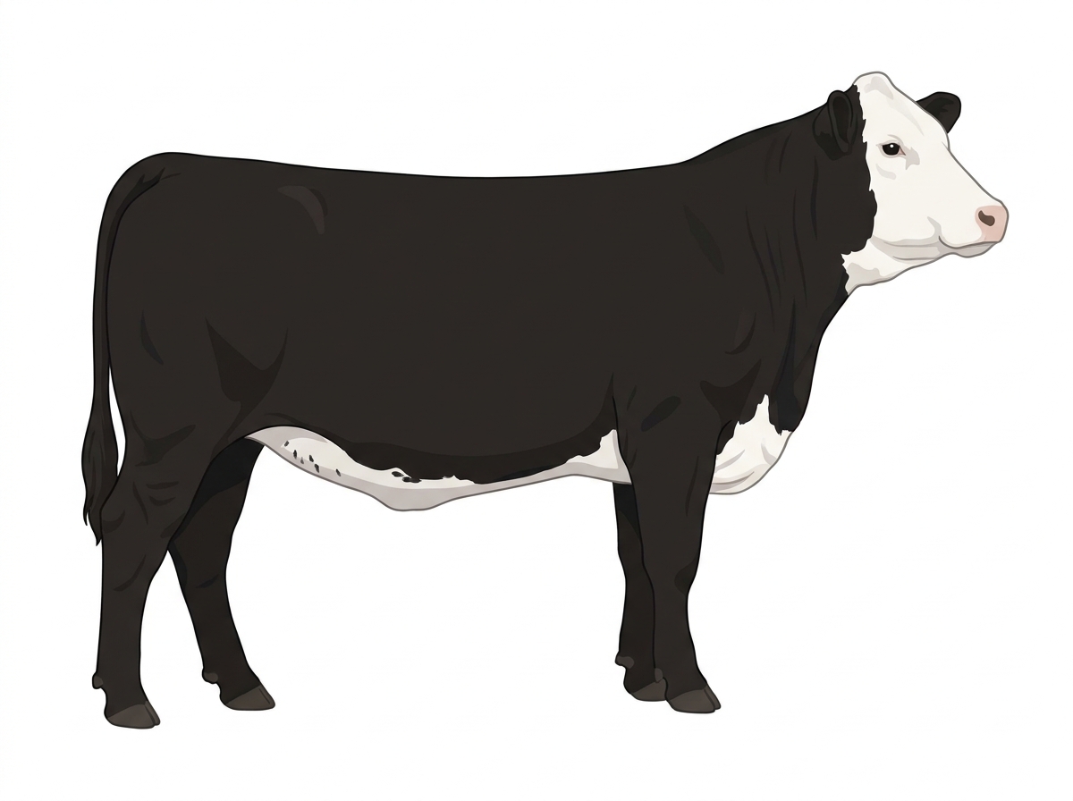 Black with a full white face, white brisket and underline and ticking in the white Purebred Simmental Cow