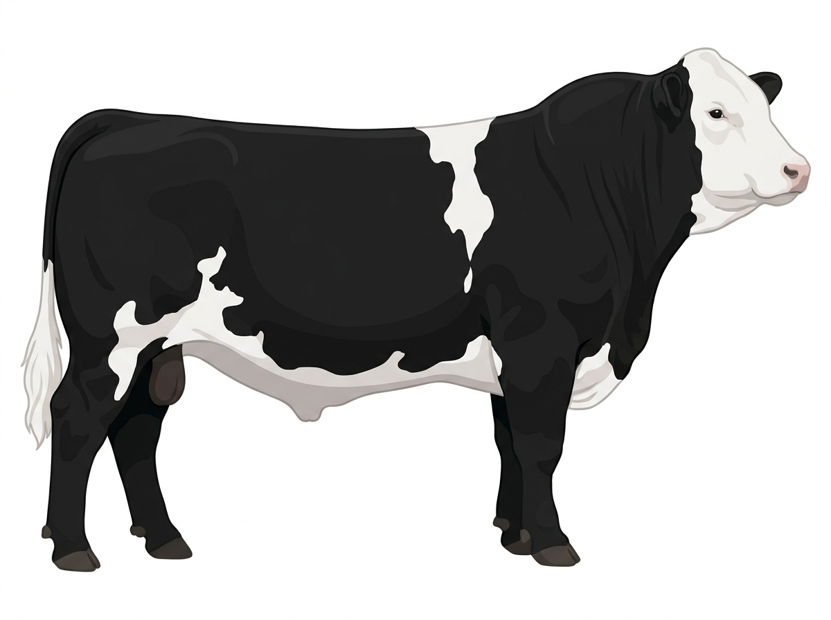 Black with a full white face, white brisket and underline and white in large patches Purebred Simmental Bull