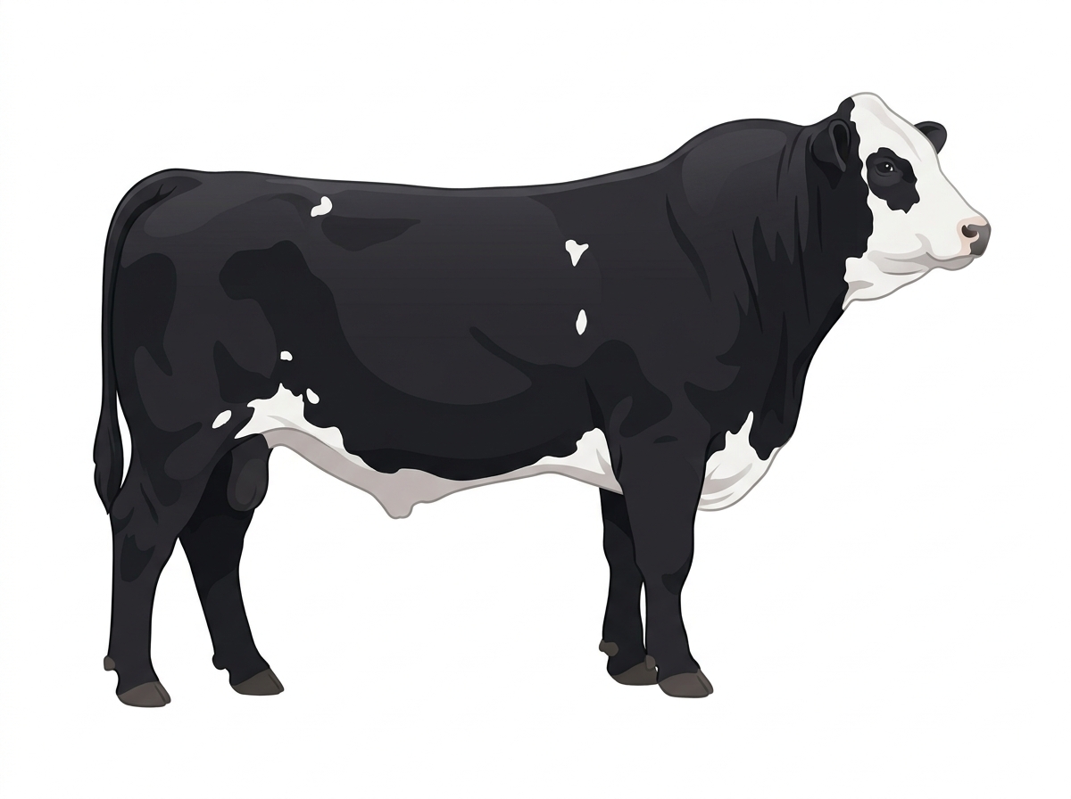 Black with a full white face, white brisket and underline and white spots Purebred Simmental Bull