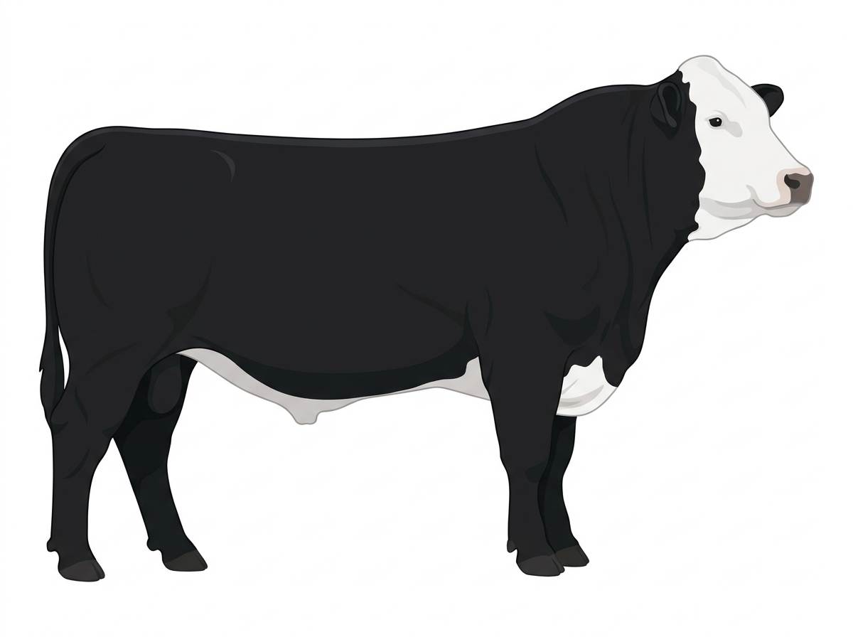 Black with a full white face, white brisket and underline Purebred Simmental Bull