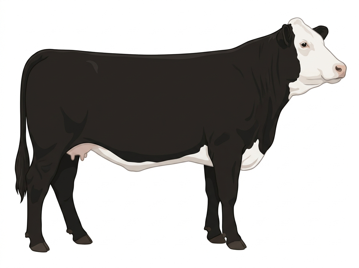Black with a full white face, white brisket and underline Purebred Simmental Cow