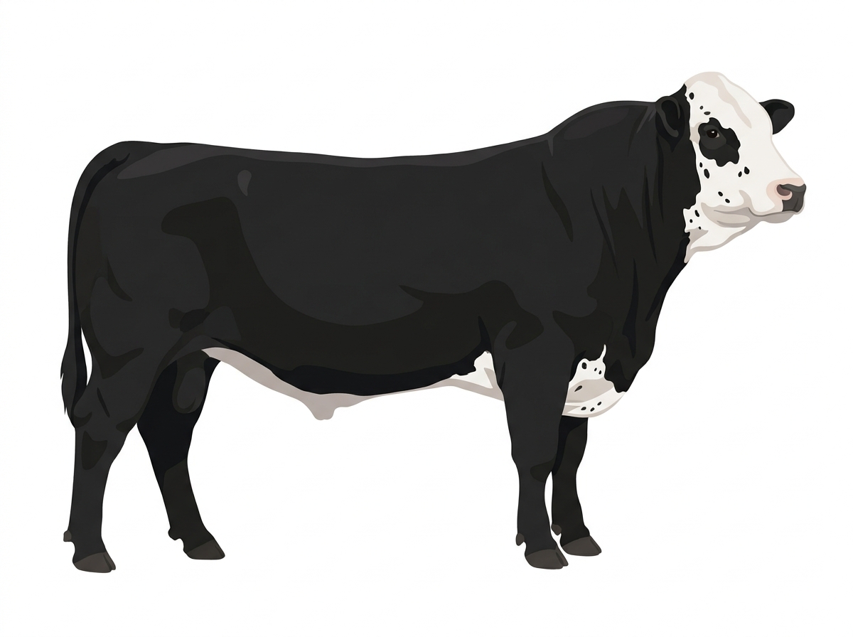 Black with a full white face, white brisket and underline, white spots and ticking in the white Purebred Simmental Bull