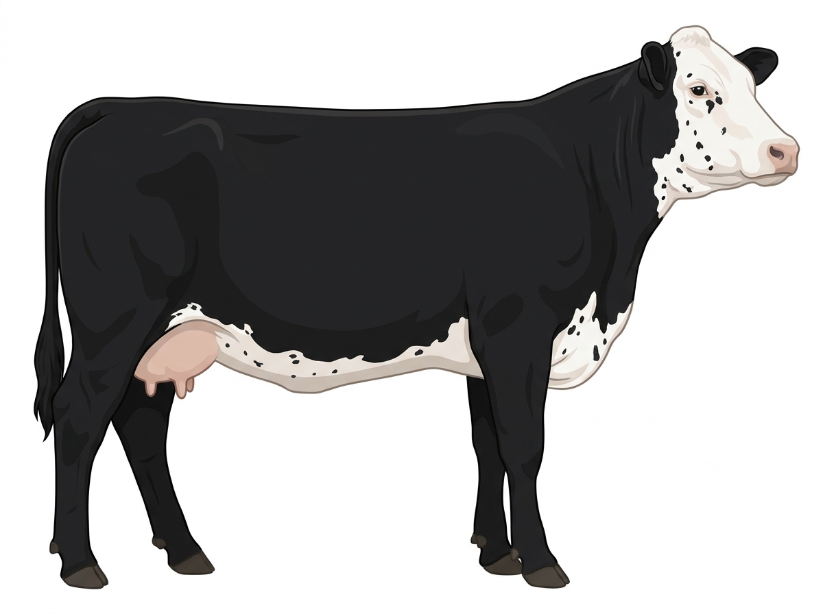 Black with a full white face, white brisket and underline, white spots and ticking in the white Purebred Simmental Cow