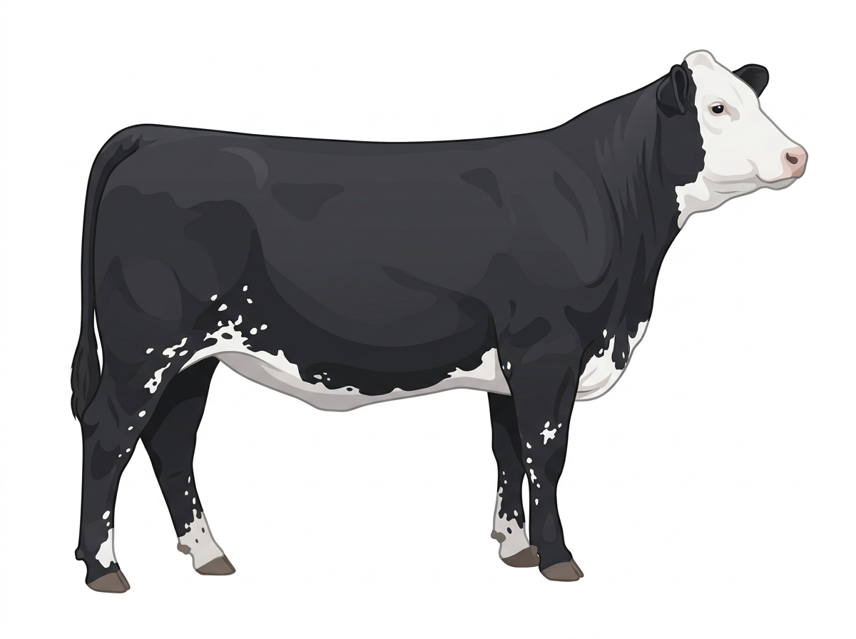 Black with a full white face, white brisket and underline, white spots and ticking in the white Purebred Simmental Heifer