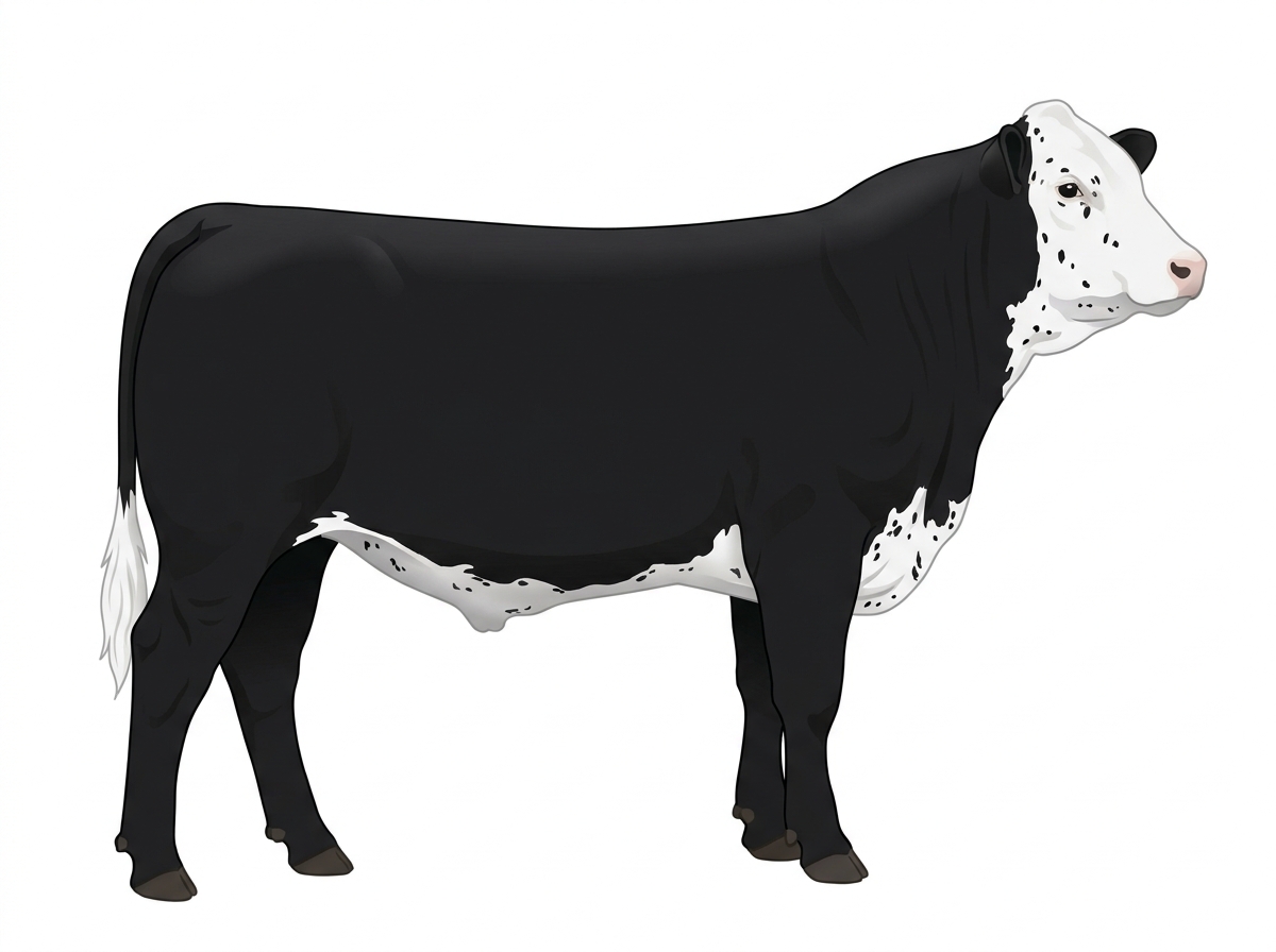 Black with a full white face, white brisket and underline, white spots and ticking in the white Purebred Simmental Steer