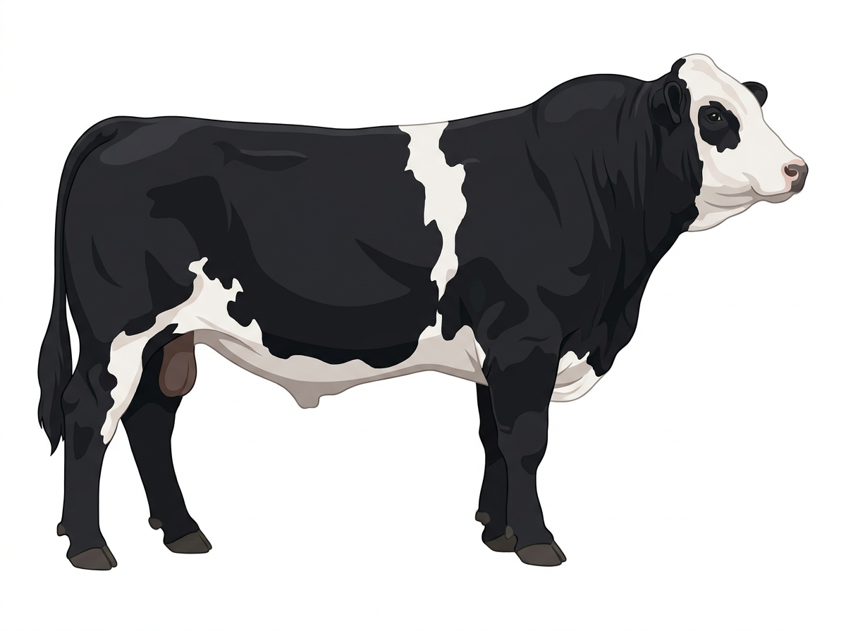 Black with a white face and white in large patches Purebred Simmental Bull