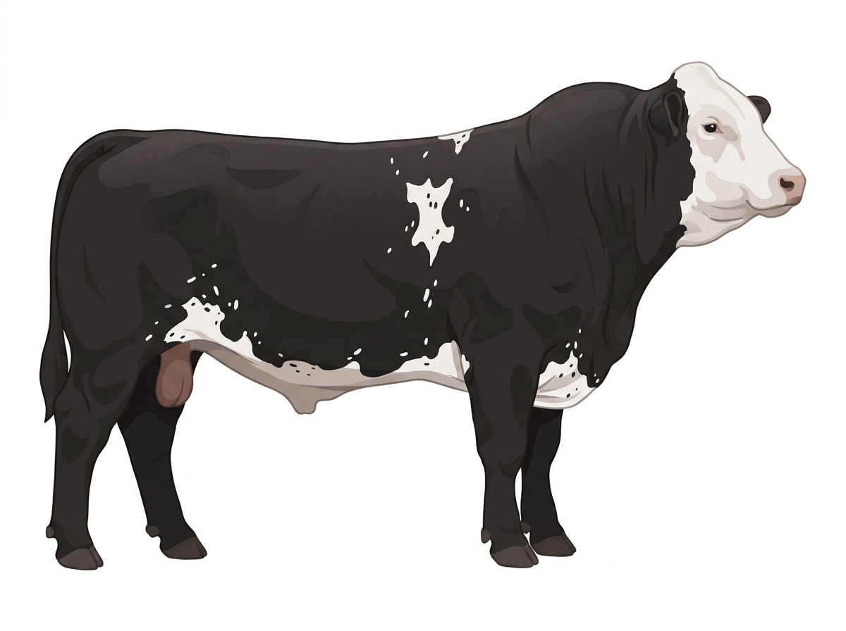 Black with a white face, white in large patches and ticking in the white Purebred Simmental Bull