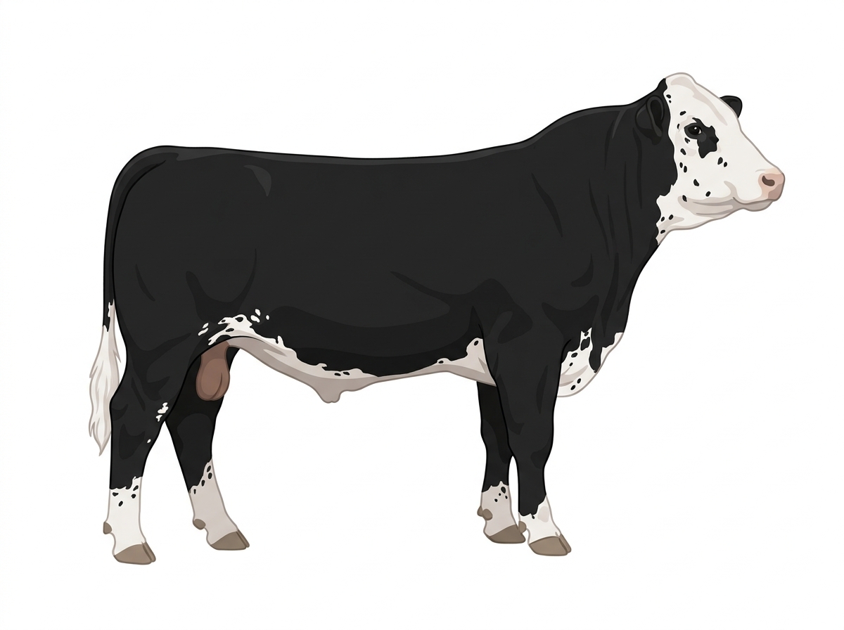 Black with a white face, white spots and ticking in the white Purebred Simmental Bull