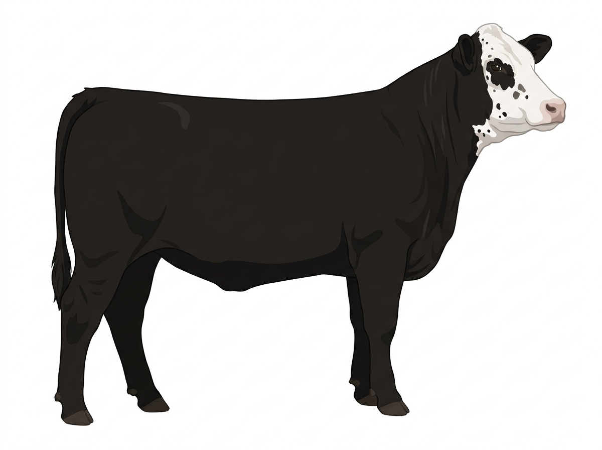 Black with a white face, white spots and ticking in the white Purebred Simmental Heifer