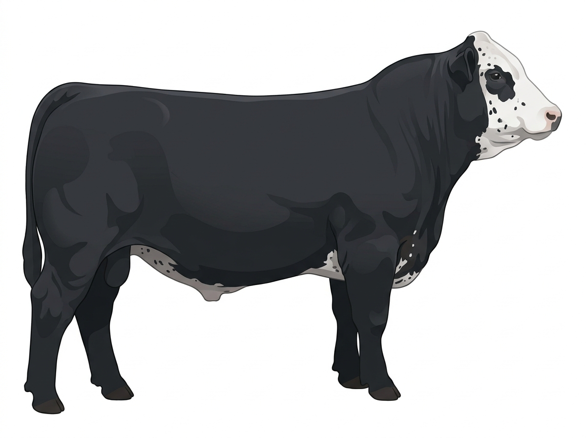 Black with a white face, white spots and ticking in the white Purebred Simmental Steer