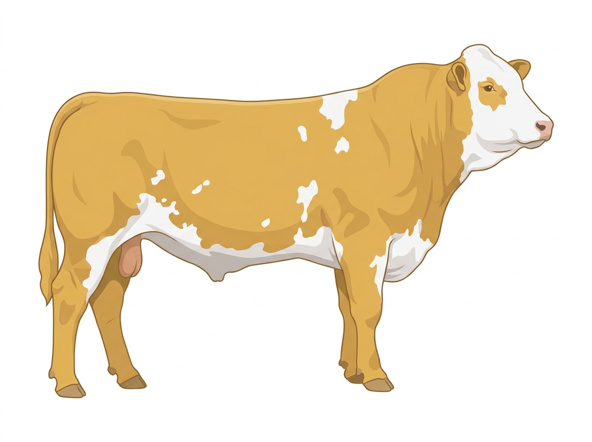Gold with a full white face, white brisket and underline and white in large patches Purebred Simmental Bull