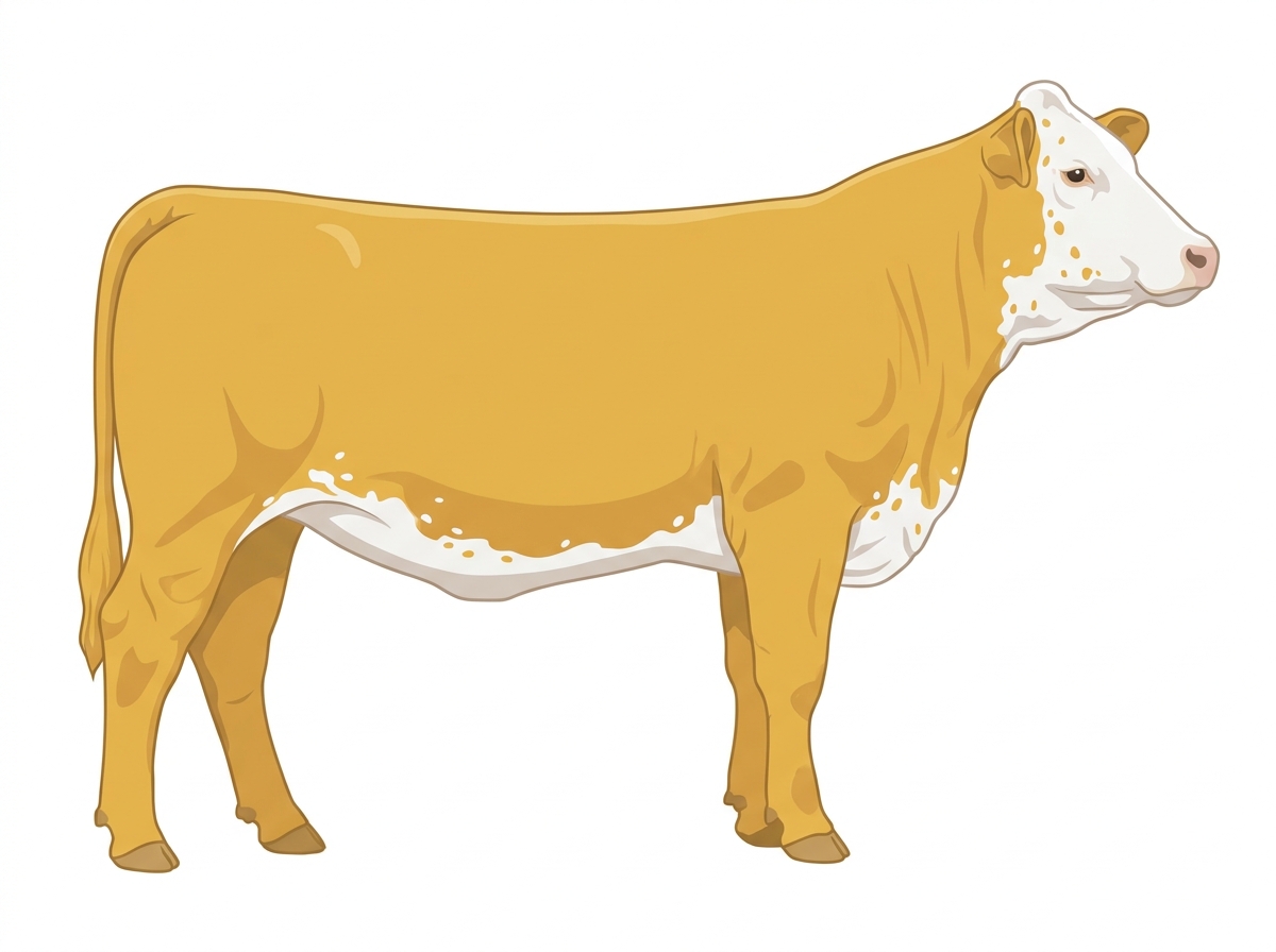 Gold with a full white face, white brisket and underline, white spots and ticking in the white Purebred Simmental Heifer