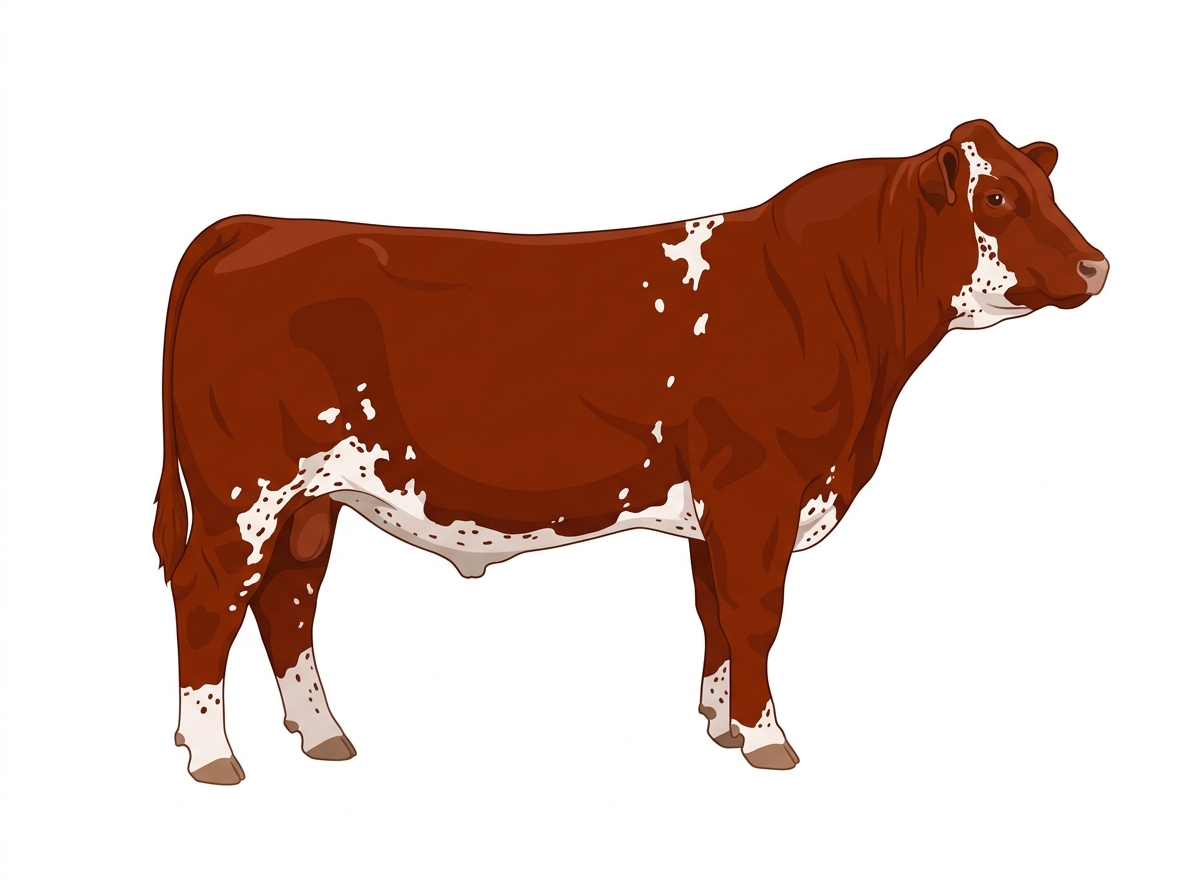 Red with a few white spots and ticking in the white Purebred Simmental Steer