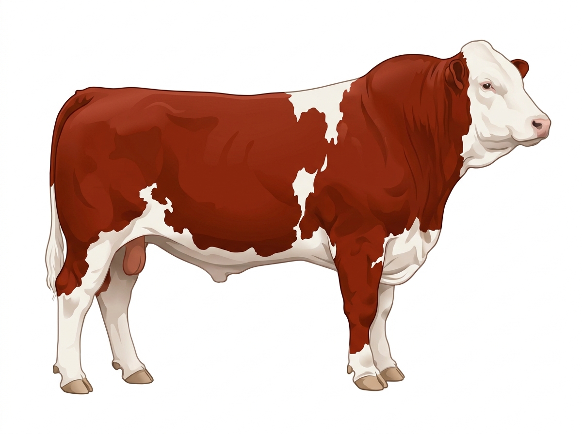 Red with a full white face, white brisket and underline and white in large patches Purebred Simmental Bull