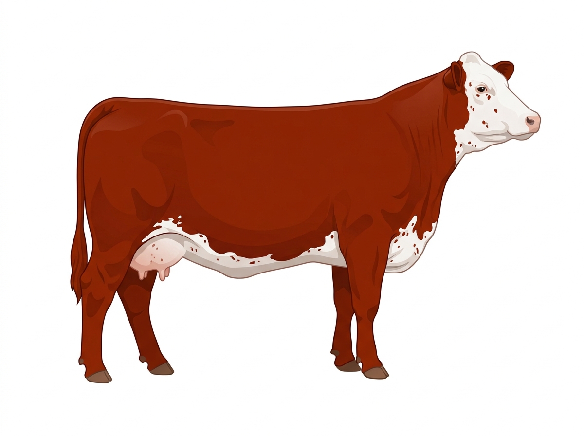 Red with a full white face, white brisket and underline, white spots and ticking in the white Purebred Simmental Cow