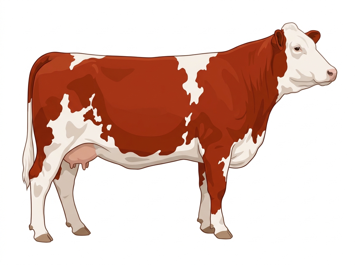 Red with a white face and white in large patches Purebred Simmental Cow
