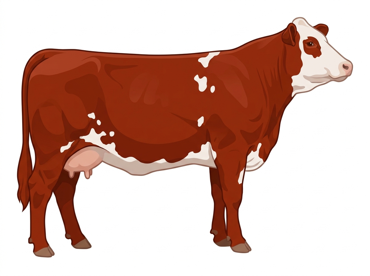 Red with a white face and white spots Purebred Simmental Cow