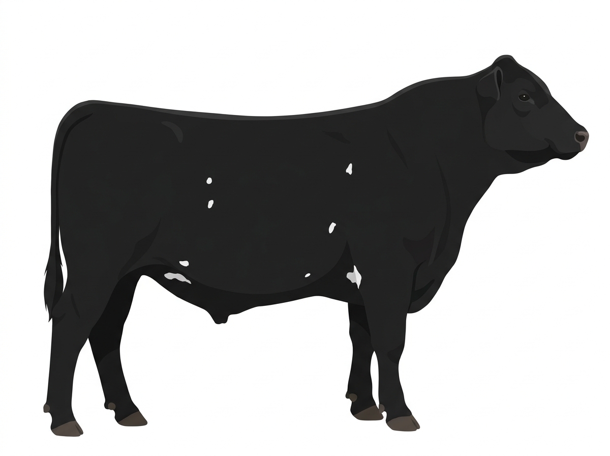 Black with a few white spots Red Angus Cross Bull