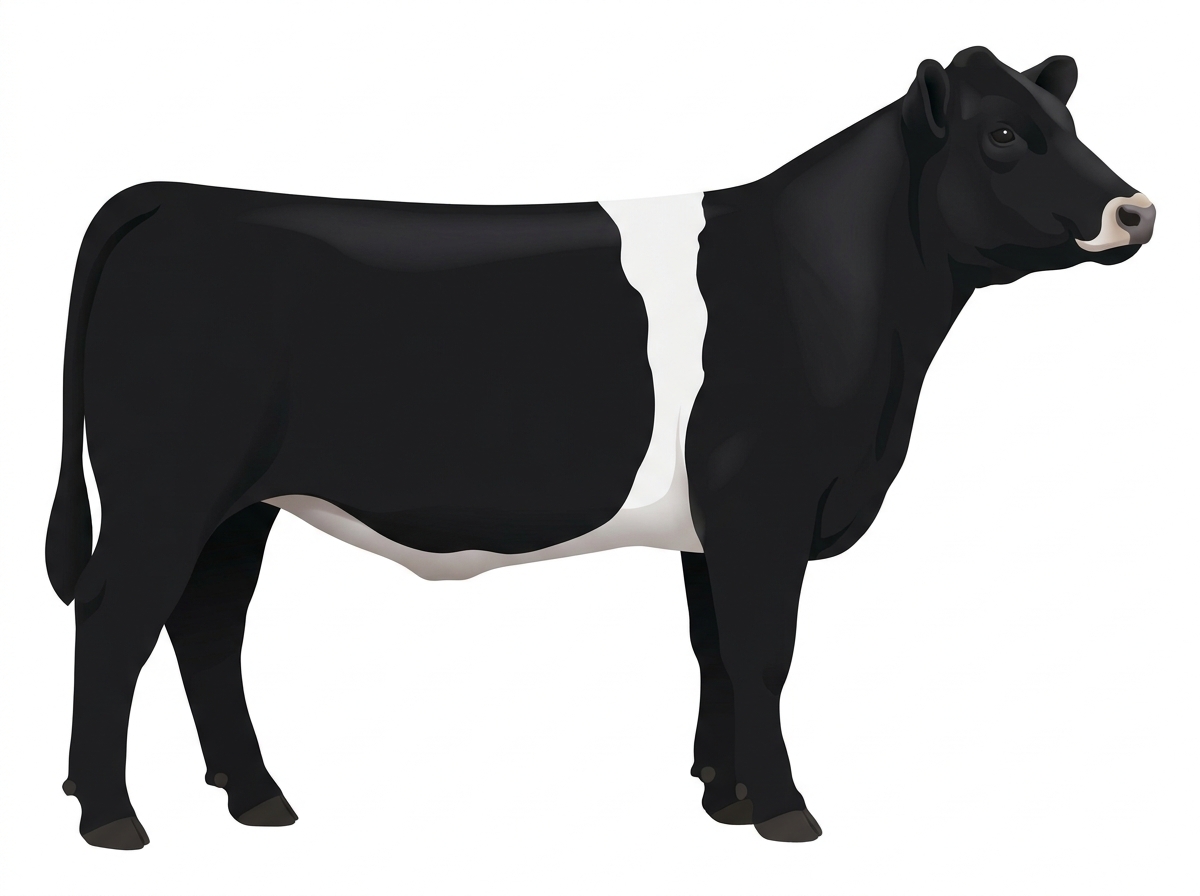 Black with a pale muzzle ring and lighter underline and a white belt around the midsection Red Angus Cross Heifer