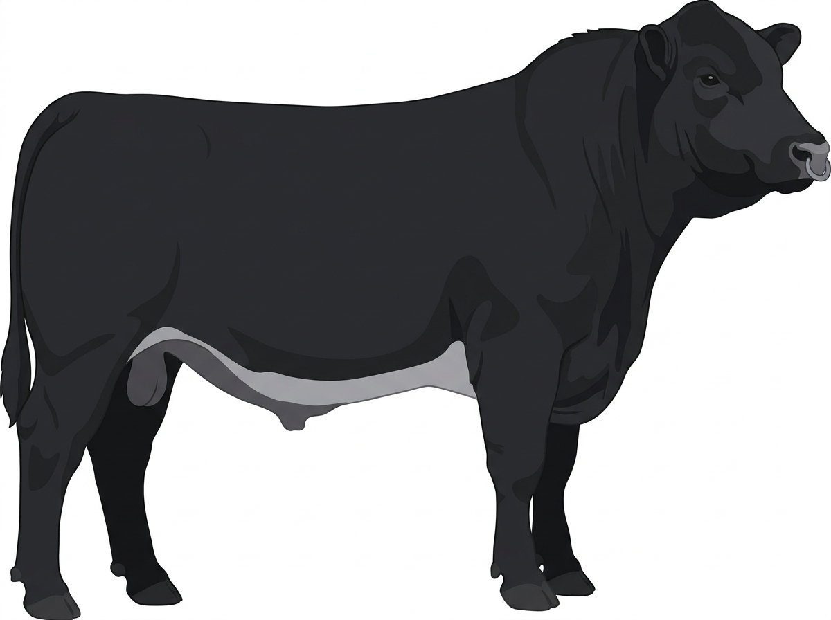 Black with a pale muzzle ring and lighter underline Red Angus Cross Bull