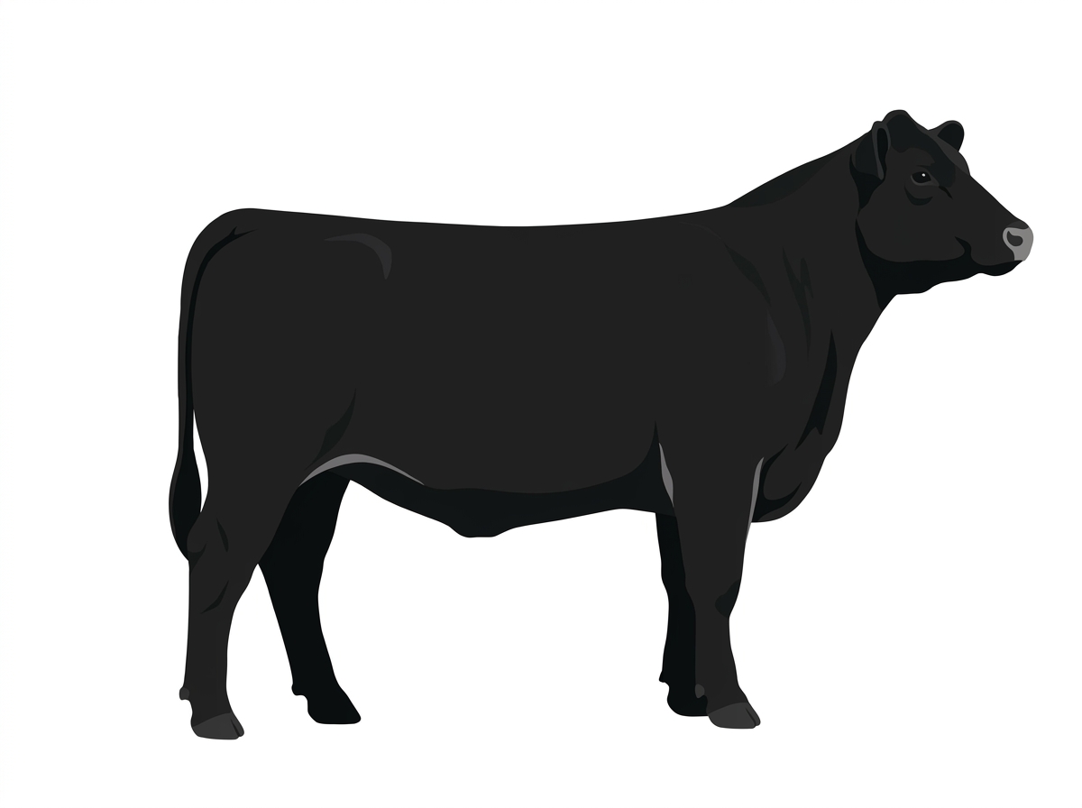 Black with a pale muzzle ring and lighter underline Red Angus Cross Cow