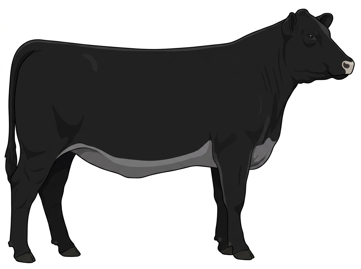 Black with a pale muzzle ring and lighter underline Red Angus Cross Heifer