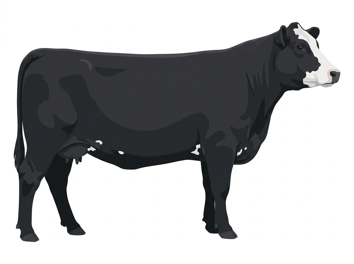 Black with a partial white face and a few white spots Red Angus Cross Cow