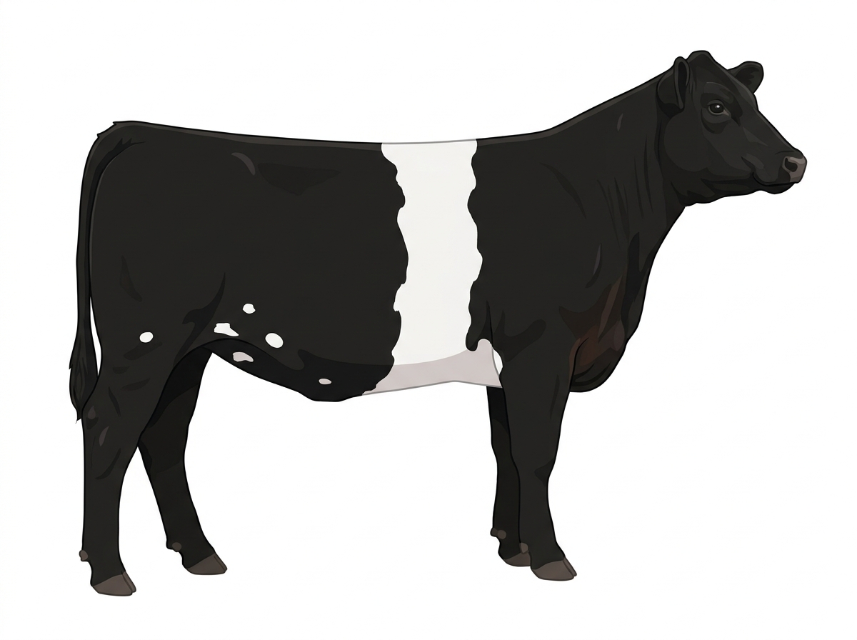 Black with a white belt around the midsection and a few white spots Red Angus Cross Heifer