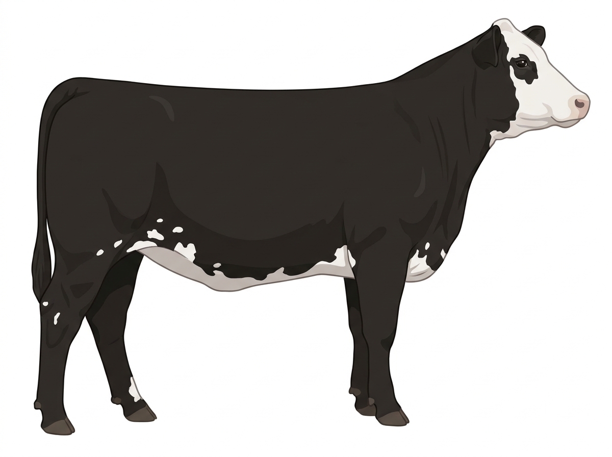 Black with a white face and a few white spots Red Angus Cross Heifer