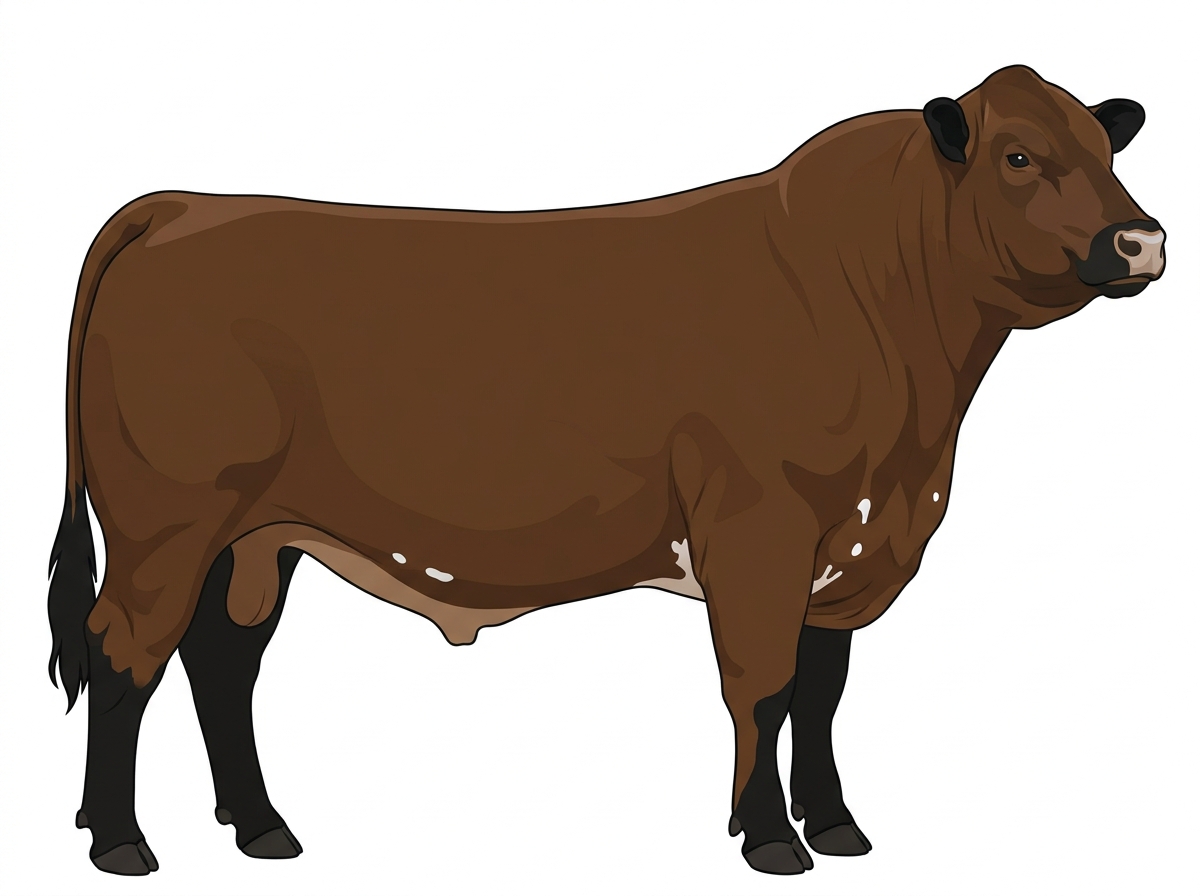 Brown with black points, a pale muzzle ring and lighter underline and a few white spots Red Angus Cross Bull