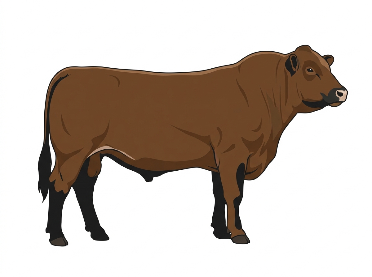 Brown with black points and a pale muzzle ring and lighter underline Red Angus Cross Bull