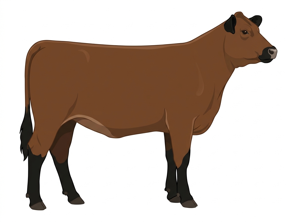 Brown with black points and a pale muzzle ring and lighter underline Red Angus Cross Heifer