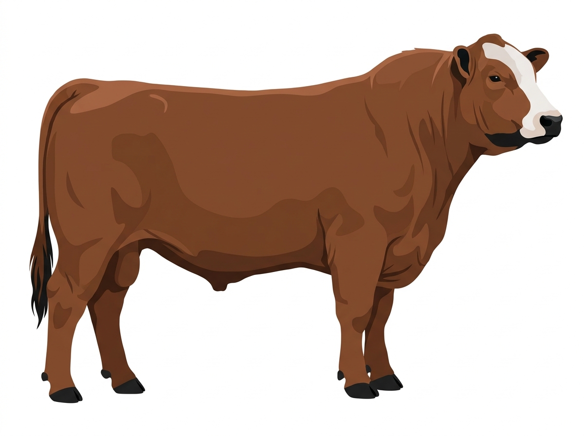 Brown with black points and a partial white face Red Angus Cross Bull