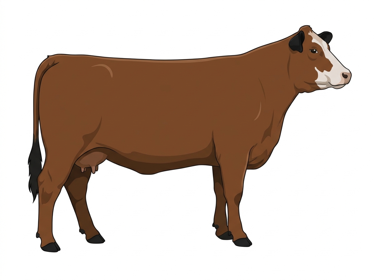Brown with black points and a partial white face Red Angus Cross Cow