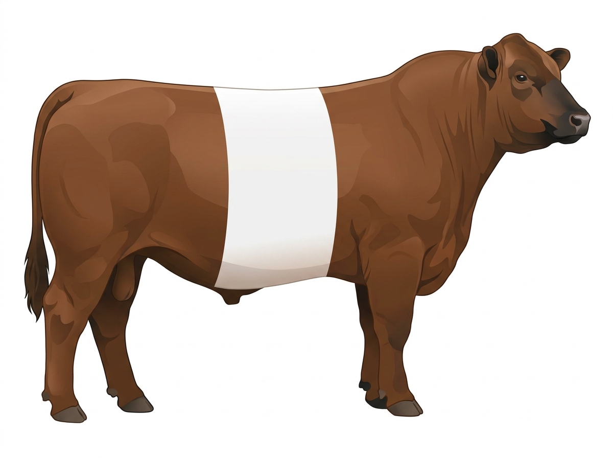 Brown with black points and a white belt around the midsection Red Angus Cross Bull