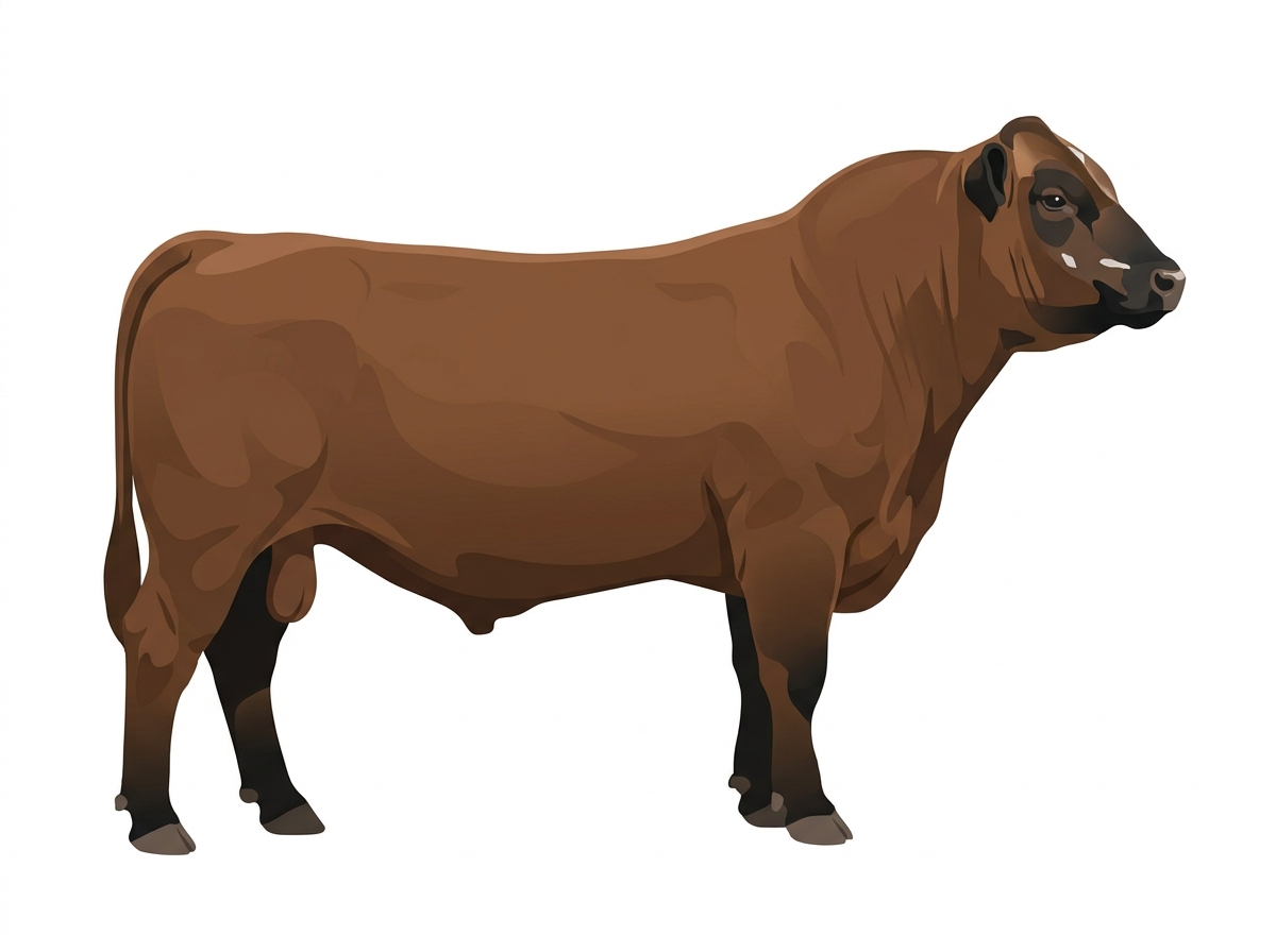 Brown with black points and minimal white face markings Red Angus Cross Bull