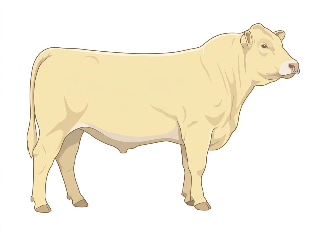 Cream with a pale muzzle ring and lighter underline Red Angus Cross Bull