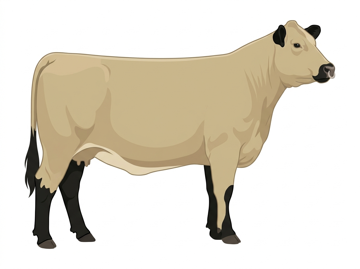 Cream with black points and a pale muzzle ring and lighter underline Red Angus Cross Cow