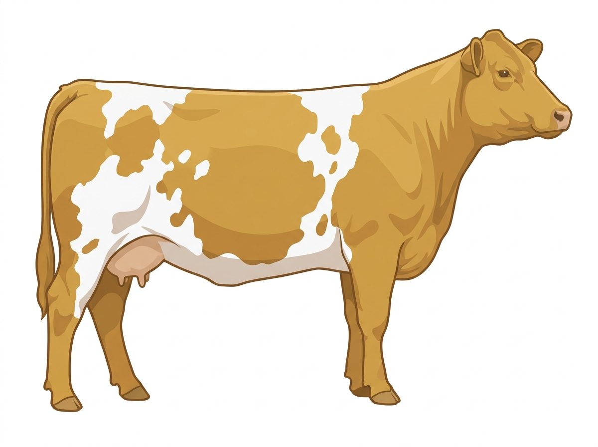 Gold with a few white spots Red Angus Cross Cow