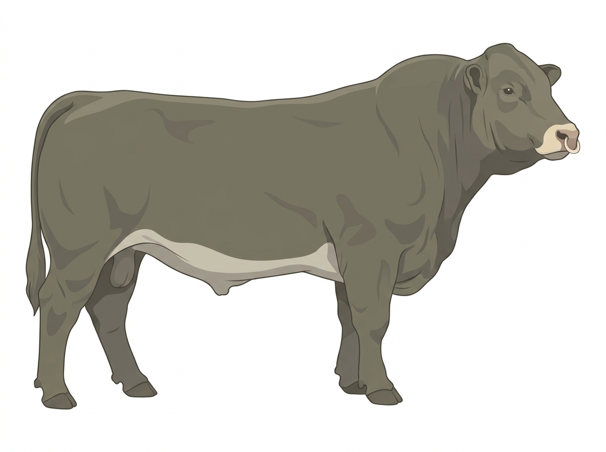 Smoky with a pale muzzle ring and lighter underline Red Angus Cross Bull
