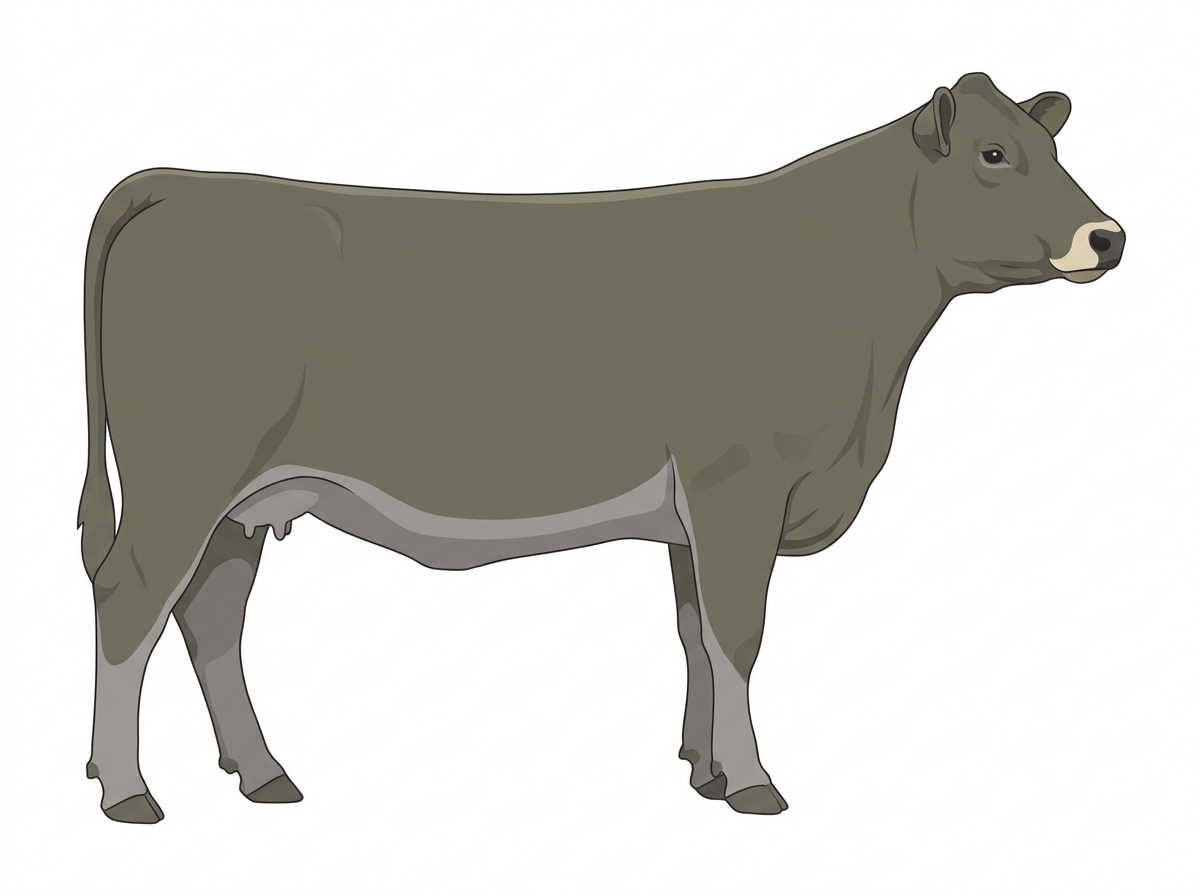 Smoky with a pale muzzle ring and lighter underline Red Angus Cross Cow