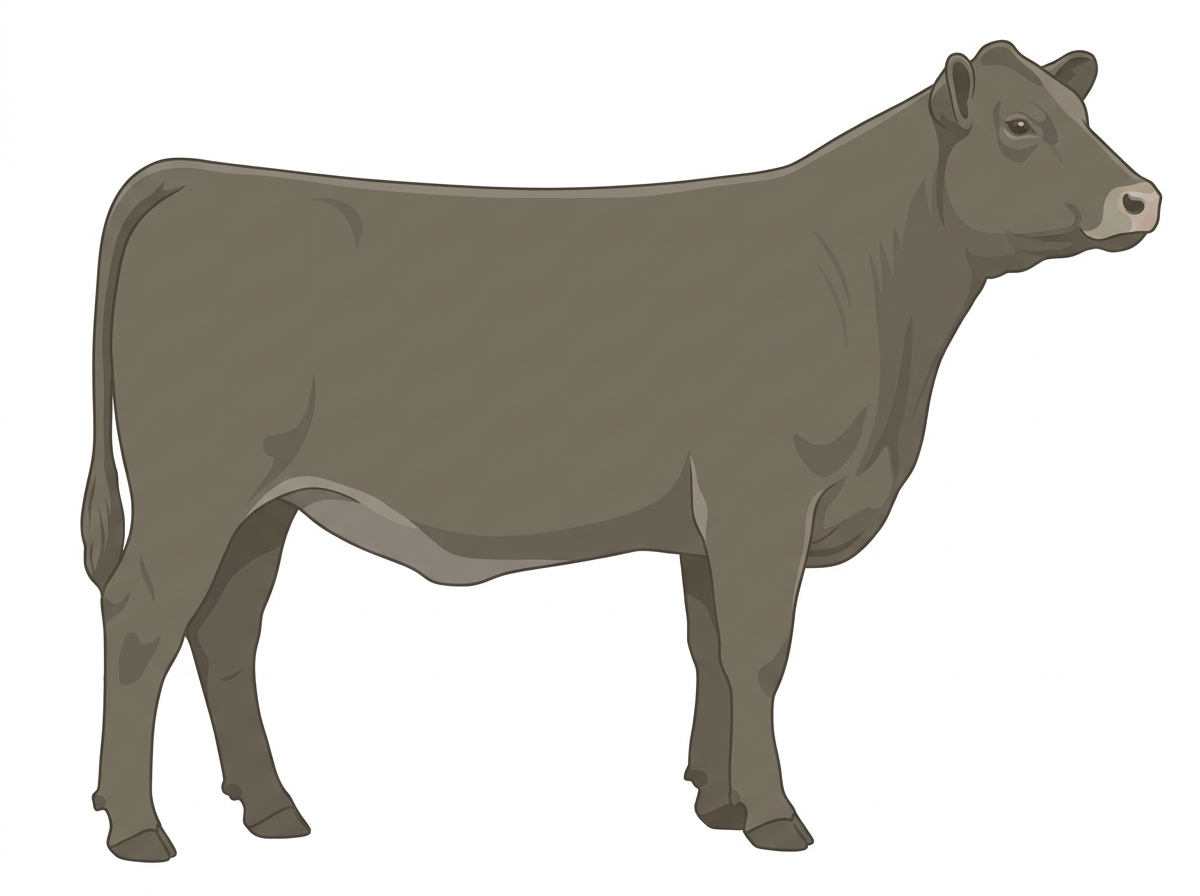 Smoky with a pale muzzle ring and lighter underline Red Angus Cross Heifer