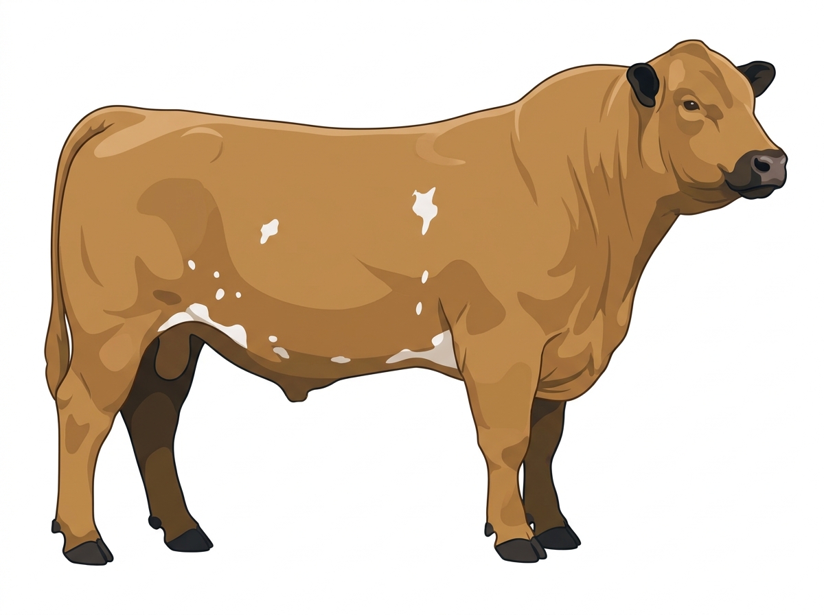 Tan with black points and a few white spots Red Angus Cross Bull
