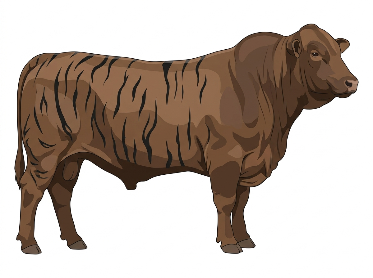 Smoky brindle with black stripes Red Brangus Bull