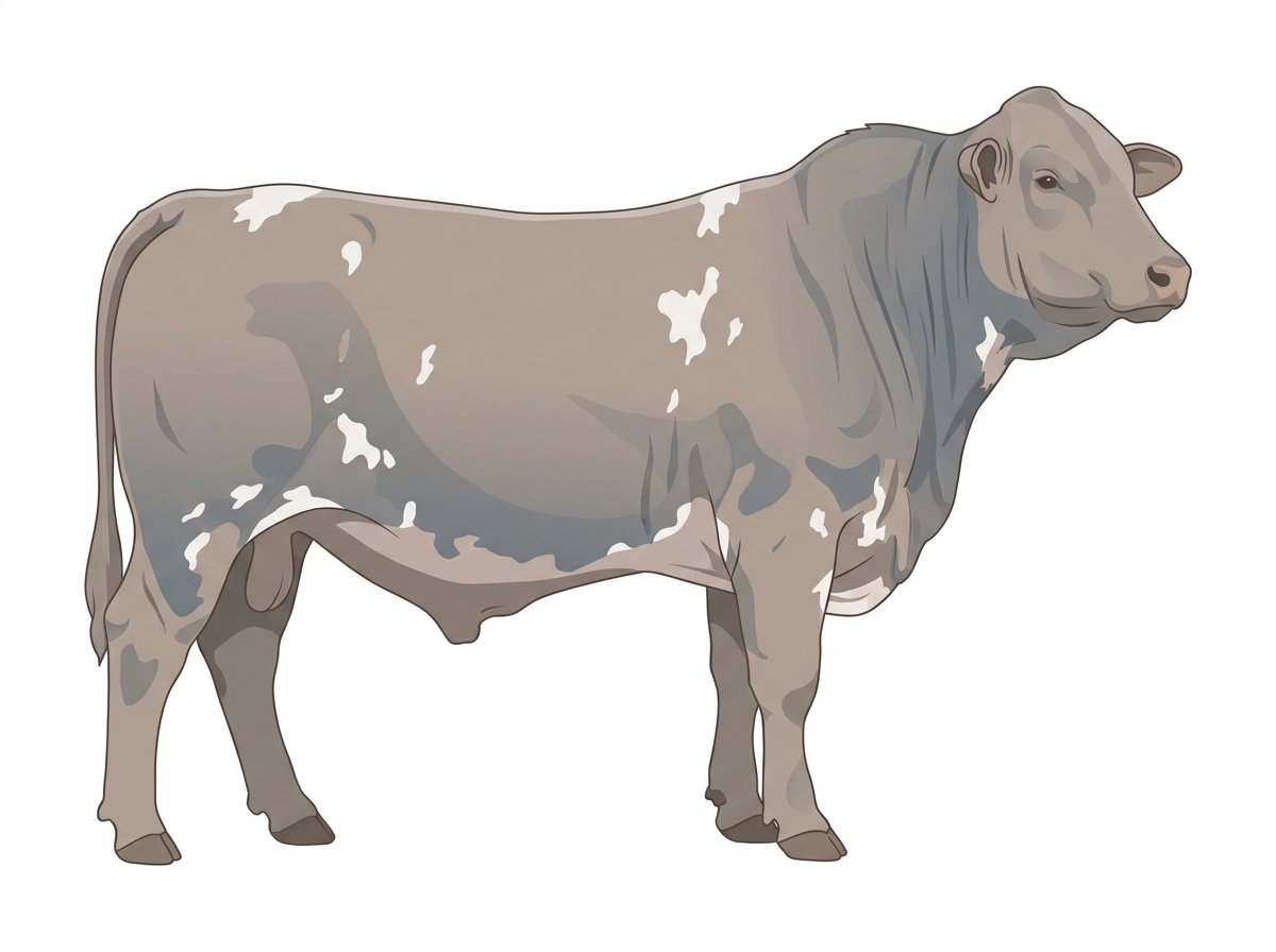 Blue roan with faint black striping and a few white spots Santa Gertrudis Bull