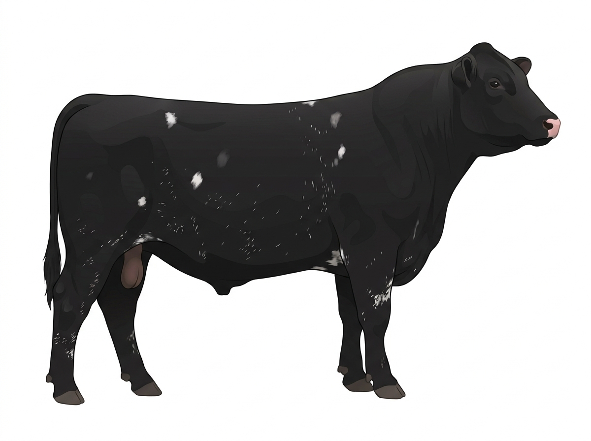 Black with a few white spots and ticking in the white Shorthorn Cross Bull