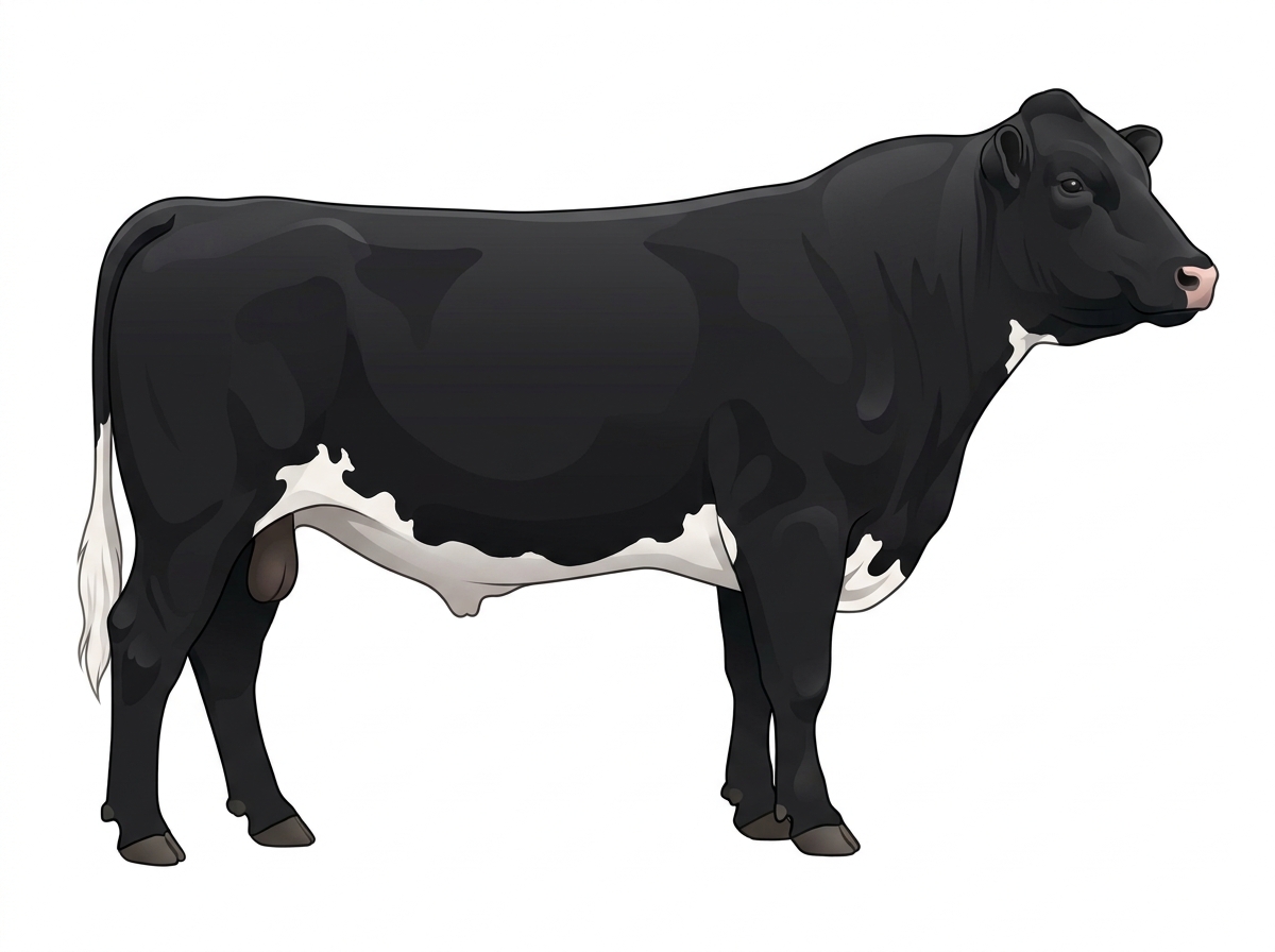Black with a few white spots Shorthorn Cross Bull