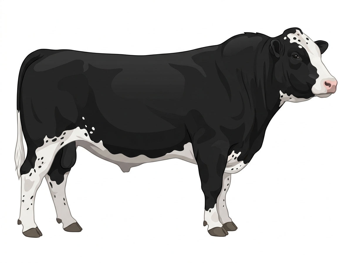 Black with a partial white face, a few white spots and ticking in the white Shorthorn Cross Bull