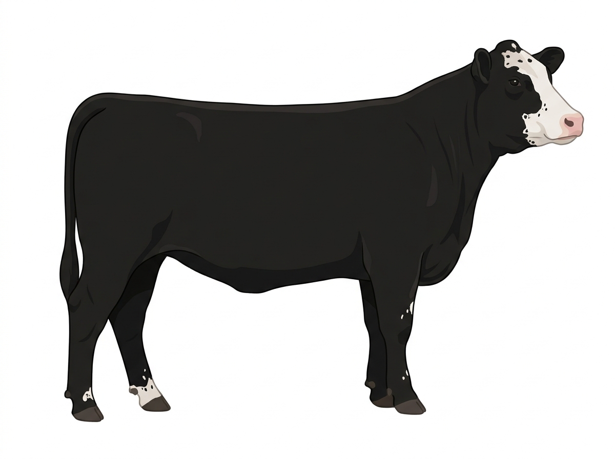 Black with a partial white face, a few white spots and ticking in the white Shorthorn Cross Heifer